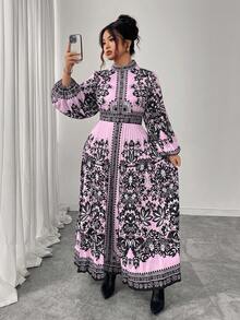 Elenzga Váy xòe dài xếp ly cỡ lớn dành cho nữ, màu đen và mơ, cổ tròn, thắt eo, thon gọn, tay dài, thanh lịch cho tiệc trà chiều và đi chơi, váy dài họa tiết Paisley - Màu Hồng baby - Xem 6