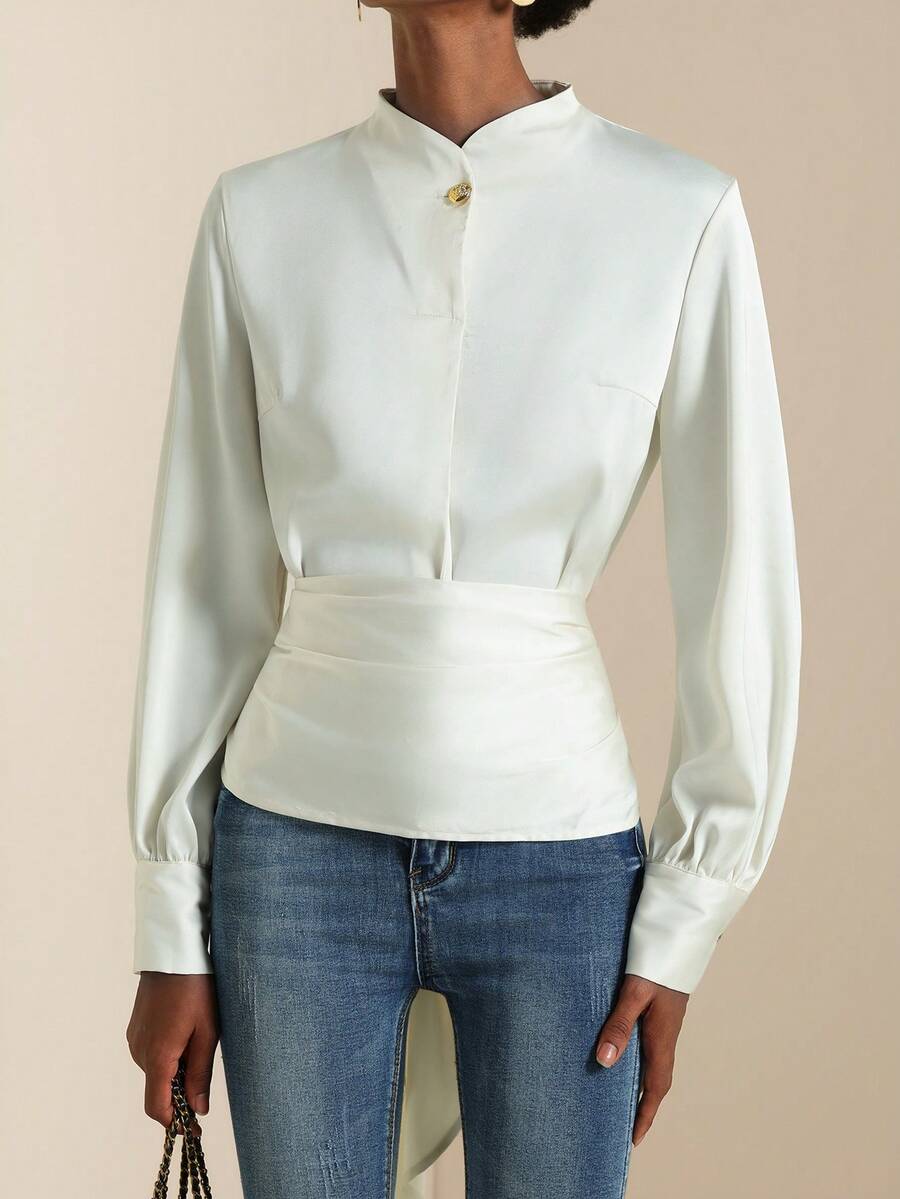 Lyxana Camisa elegante de mujer de manga larga con botón de metal, lazo y satén de unicolor - Beis - Ver 1