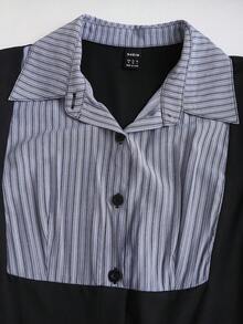 Sweetra Casual/Professional Striped Shirt Collar Patchwork Knit Black Flared Cuff Collegiate Style Women Long Sleeve Jumpsuit, Autumn/Winter - Black - View 5