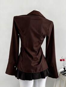 SHEIN Unity 女式纽扣长袖褶饰修身优雅纯色衬衫 - 鏽棕色 - 查看 2