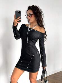 StreetHx Women's Fashion Off-Shoulder Long Sleeve Denim Bodycon Dress - Black - View 6