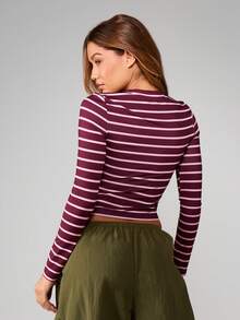 MISSGUIDED Striped Long Sleeve Crew Neck Fitted T-Shirt Fall Winter Casual Basic Top - Multicolor - View 2