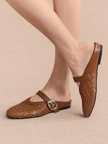 Rosivie Sepatu Selop Datar Wanita, Desain Anyaman Ujung Persegi, Nyaman & Elegan - Coklat - View 8