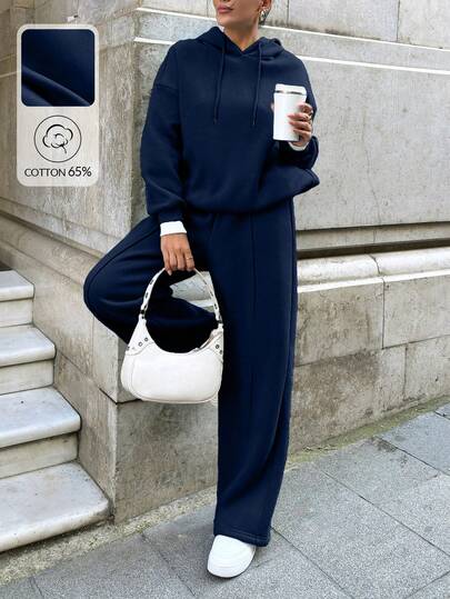 Felpa con cappuccio a costine con coulisse e contrasto di colore + pantaloni jogger plissettati, stile casual da strada, set da 2 pezzi in cotone per donna