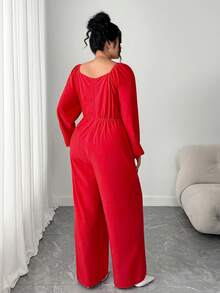 Elenzga 加大码红色圣诞优雅连体裤，2025 年新款，百搭露肩交叉领直筒连体裤，适合返校、毕业典礼、节日、情人节、音乐节、母亲节、万圣节、感恩节、复活节、国庆节、联欢晚会、约会、派对、婚礼、郊游 - 紅色 - 查看 4