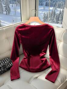Selianne Burgundy Velvet V-Neck Pleated Casual T-Shirt, Vintage Style, Autumn/Winter - Burgundy - View 2