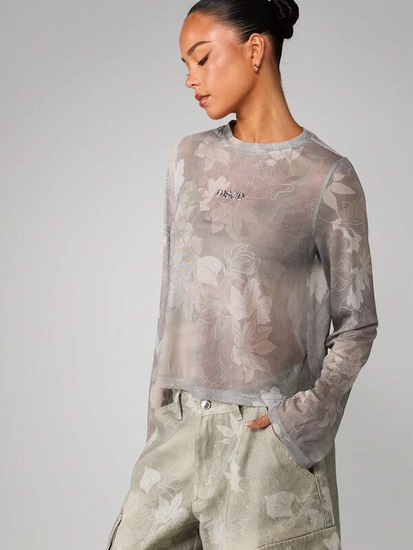 MISSGUIDED Bluzka z długim rękawem, nadrukiem w kwiaty i kamuflaż, okrągłym dekoltem i regularnym krojem, idealna do codziennego noszenia