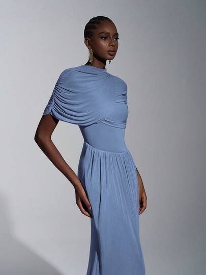 Elitara Elegant, Romantic, Sexy, Fashionable, Grayish Blue, Elastic Mesh Fabric, Ruffle Decor, Fishtail Hem, Trailing, Influencer, Festival, Vacation, Birthday Party, Wedding Event, Bridesmaid Dress