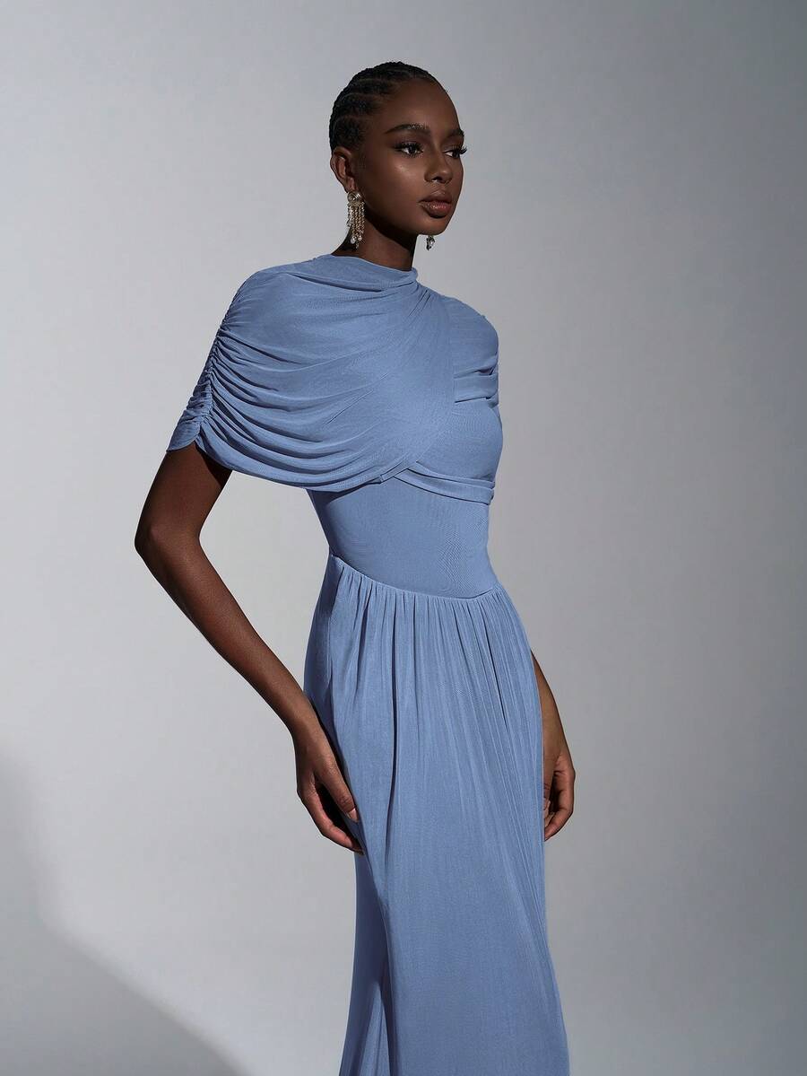 Elitara Elegant, Romantic, Sexy, Fashionable, Grayish Blue, Elastic Mesh Fabric, Ruffle Decor, Fishtail Hem, Trailing, Influencer, Festival, Vacation, Birthday Party, Wedding Event, Bridesmaid Dress