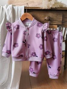Vintaside Kids Baby Girl Floral Print Long Sleeve Crew Neck Casual Jacket And Pants Set, Autumn/Winter