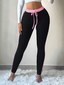 SHEIN SXY 性感休闲高弹力黑白拼接女式长款紧身裤，适合秋冬季 - 淺粉色 - 查看 4