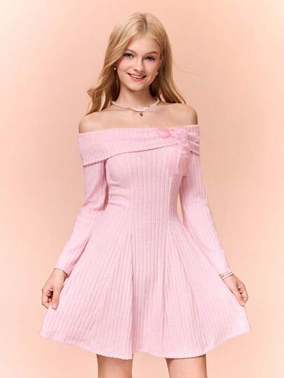 少女露肩长袖蝴蝶结T恤裙，适合青春期前女孩，返校季穿搭，可爱校园风上衣，粉色系，秋季上衣，学院风上衣，儿童情人节、夏季、春夏休闲派对连衣裙，节日装扮