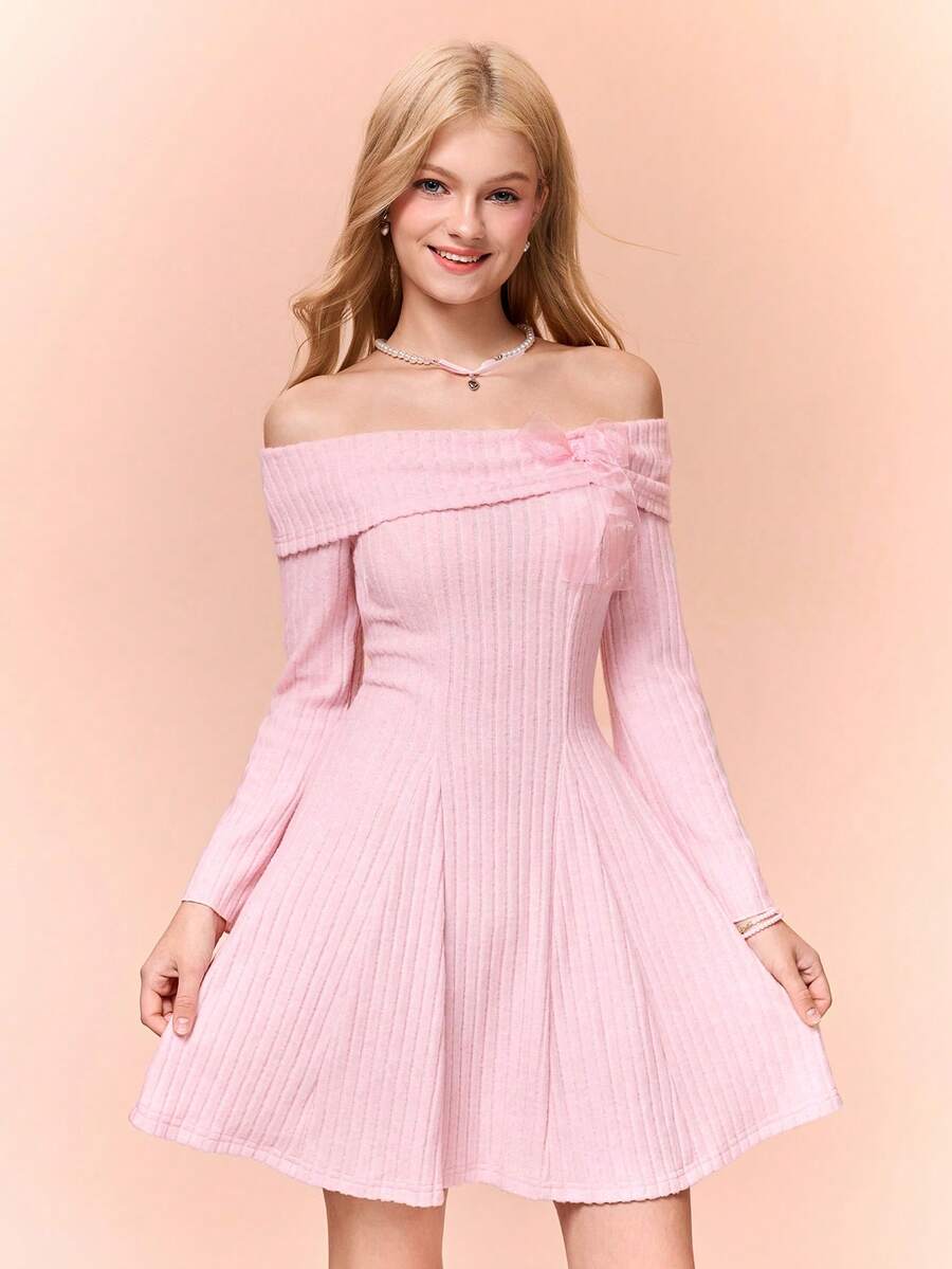 少女露肩长袖蝴蝶结T恤裙，适合青春期前女孩，返校季穿搭，可爱校园风上衣，粉色系，秋季上衣，学院风上衣，儿童情人节、夏季、春夏休闲派对连衣裙，节日装扮 - 粉色 - 查看 1