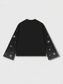 ROMWE MEN Street Life Men's Sparkling Diamond Print Loose Cropped Long Sleeve T-Shirt - Black - View 6