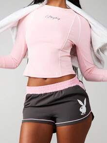 Missguided x Playboy 适合运动训练的长袖修身短款上衣，配有插肩袖 - 粉色 - 查看 4