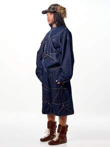 SUMWON WOMEN Oversized Denim Bomber Jacket With Applique Details And Belted Waist For Women Fall Winter Streetwear - Navy Blue - View 7