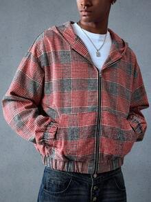 ROMWE MEN Prep Men's Plaid Hooded Jacket, Loose Cropped Style, Fall/Winter - Multicolor - View 4