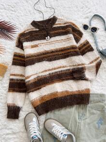 Soleia Pull col rond imprimé rayures, style décontracté pour femmes, automne/hiver - Multicolore - Voir 4