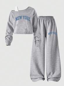 2 件套 Tween Girls ME 宽松设计不对称肩部拼色印花长袖上衣和阔腿裤套装，适合日常休闲、通勤、度假、聚会、街头风格、秋冬 - 灰色 - 查看 3