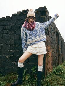 Bohemela Áo khoác ngoài Boho Thu/Đông, Áo len cổ cao dệt kim Fair Isle màu xanh và trắng cổ điển dành cho nữ, Phong cách đồng quê miền Tây, Thích hợp mặc đi nghỉ & mặc hàng ngày & trở lại trường, Halloween, Giáng sinh, Thu dành cho nữ - Xanh và trắng - Xem 4