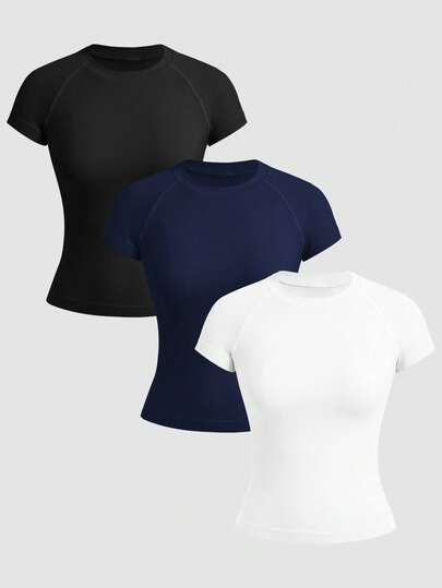Gameset SHEIN Sport Minimalist Solid Color Fitted Seamless Short Sleeve Sports T-Shirt 3 Packs Tops Fitted Tops