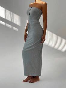 FavEase Damen Lässig einfarbiges Bodycon Tube Kleid mit Tunnelzug in der Taille, ganzjährig tragbar