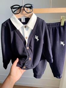 SHEIN 2 件套男婴可爱休闲拼色长袖运动衫和慢跑裤运动服套装，适合生日派对、狂欢派对、晚会、表演、婚礼、迎婴派对、1 岁生日庆祝、圣诞派对 - 彩色 - 查看 6