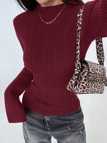 Flirla Áo len bó tay chuông màu trơn thời trang dành cho nữ, Thu/Đông - Màu Đỏ Sâu - Xem 6