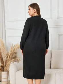 Lacomfia Đầm dệt kim tay dài đính nơ đính đá giả ren tương phản cỡ lớn thời trang thu đông cho nữ - màu đen - Xem 2