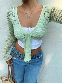SHEIN Unity Women's Long Sleeve Hollow Out Twist Front Sexy Crop Cardigan, Resort Style - Green - View 3