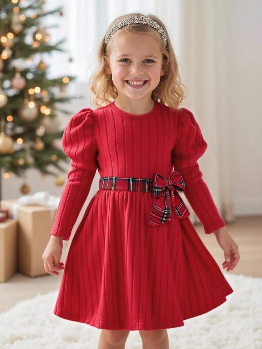 Elladie kids 一件女童针织红色圆领长袖A字连衣裙,甜美公主风新款连衣裙,适合圣诞节氛围,整体红色充满活力,配有可拆卸针织腰带,可系成蝴蝶结造型,松紧腰身,适合外出、圣诞节、日常穿着。 - 紅色 - 查看 1