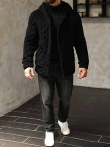 Manfinity Homme 男士加绒连帽休闲长袖抓绒外套，秋冬黑色外套 - 黑色 - 查看 4