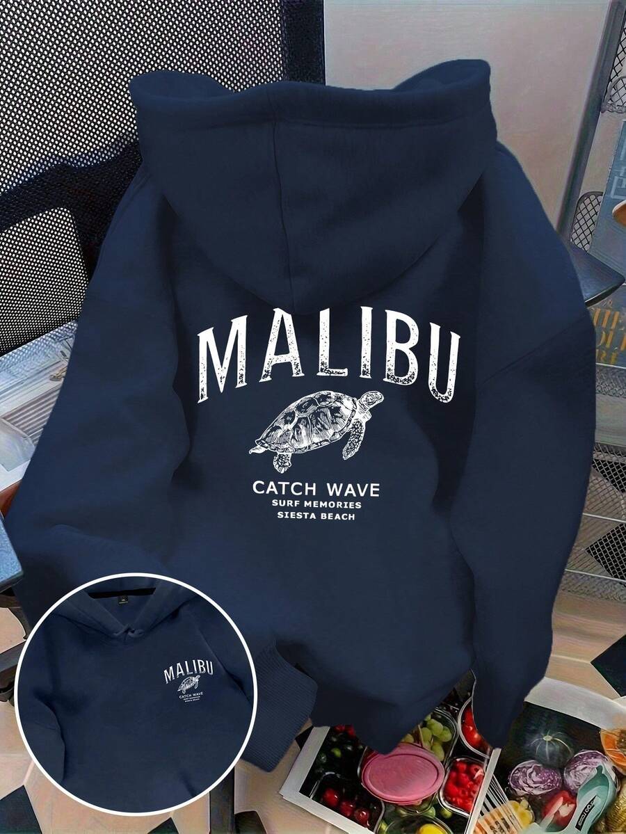 EMERY ROSE Plus Size Women's 'MALIBU' Letter & Sea TurtlePrint Hot Selling Draw Rope Sweatshirt - Navy Blue - View 1