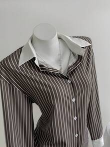 SHEIN Unity Áo len cardigan tay dài dáng rộng, họa tiết sọc tương phản mới dành cho nữ, phù hợp mặc đi làm, đi chơi và mặc hàng ngày, mùa xuân và thu - Nhiều màu - Xem 1