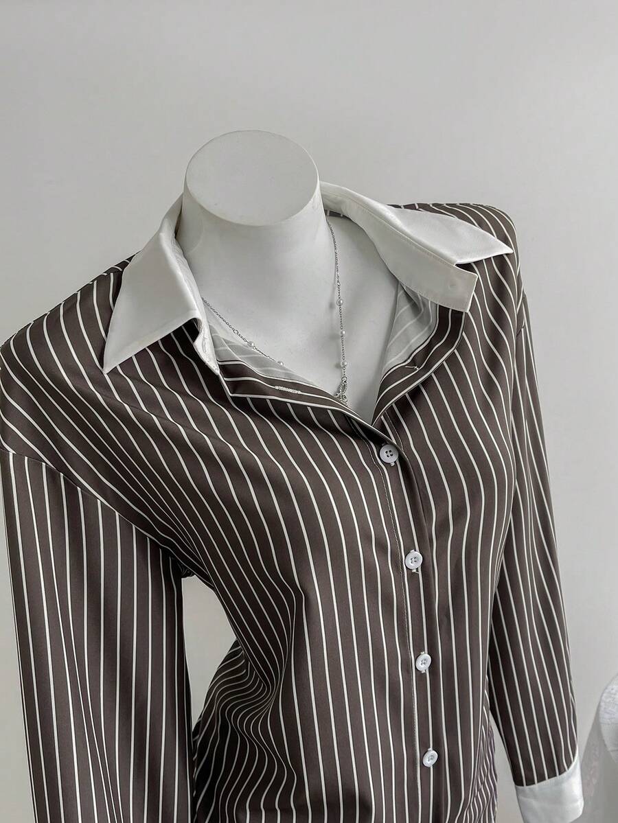 SHEIN Unity Áo len cardigan tay dài dáng rộng, họa tiết sọc tương phản mới dành cho nữ, phù hợp mặc đi làm, đi chơi và mặc hàng ngày, mùa xuân và thu - Nhiều màu - Xem 1