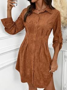 SHEIN Clasi Women's Suede Fleece Shirt Dress, Suitable For Commuting, Outings, And Gatherings,Winter Dress Fall Clothes For Women Autumn Dress Elegant Brown Dress - Brown - View 7