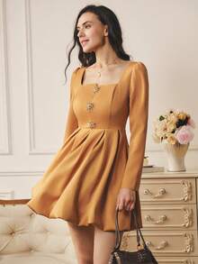 Omancia Women's Asymmetrical Square Neck Short Floral Ruffle Dress, Elegant & Luxurious For Party, Halloween, Thanksgiving, Autumn/Winter, New Year - Brown - View 5