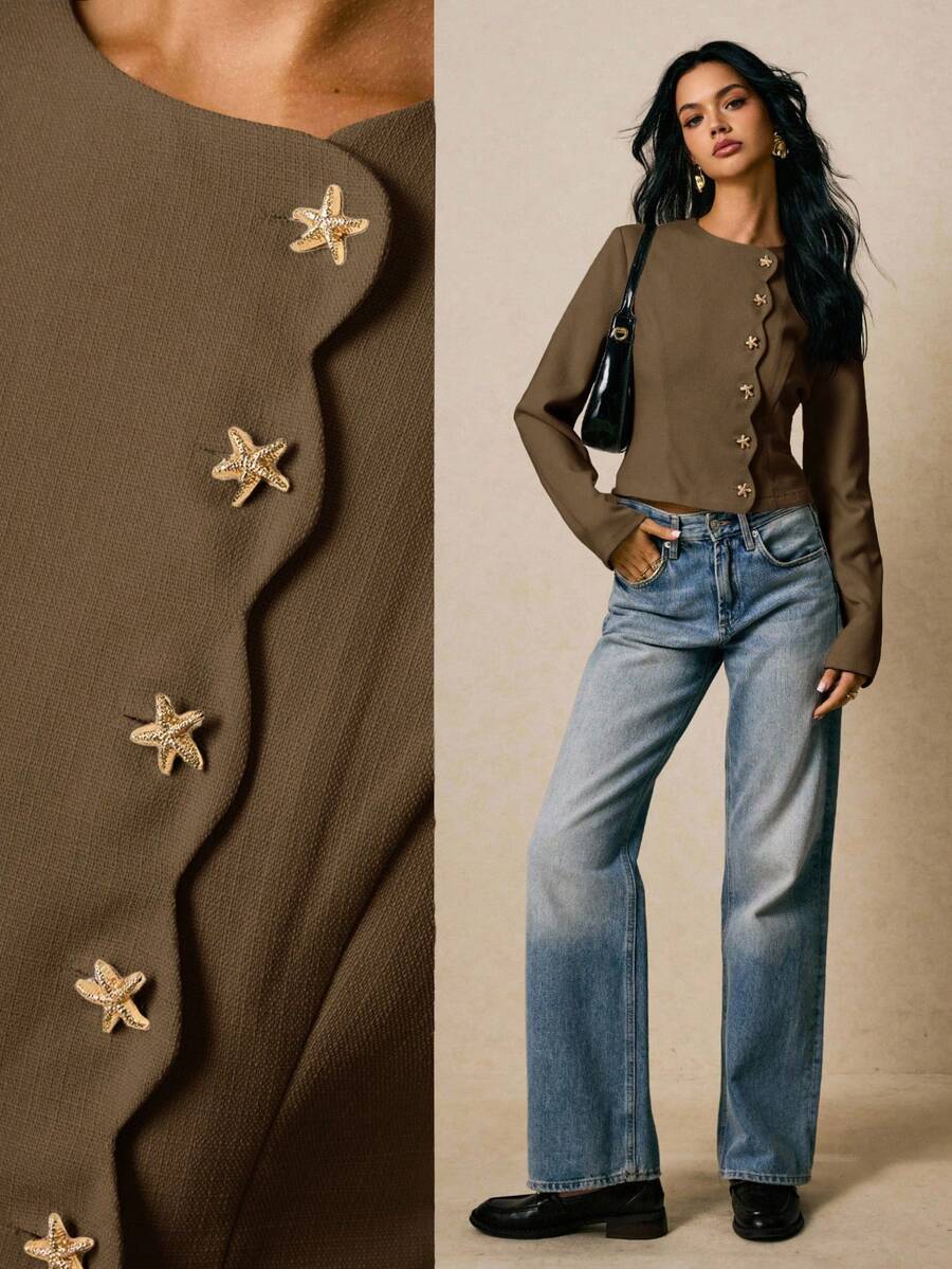 Poéselle Women's Metal Button Decorated Long Sleeve Shirt - Brown - View 1