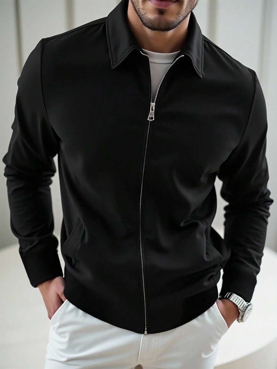Manfinity Homme Chaqueta casual con cremallera de manga larga y unicolor versátil para hombres, otoño - Negro - Ver 1