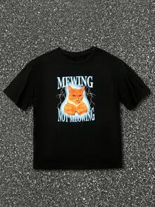 INAWLY 圆领字母猫咪印花长款短袖图案T恤，女士春季上衣 - 黑色 - 查看 3