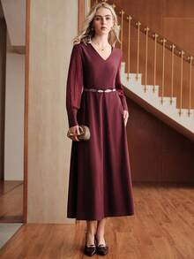 Uhlyne Thời trang nữ Thiết kế chắp vá sang trọng Kiểu Pháp nhẹ nhàng Đi làm, Dự tiệc, Đầm hẹn hò - Màu Đỏ Sâu - Xem 5