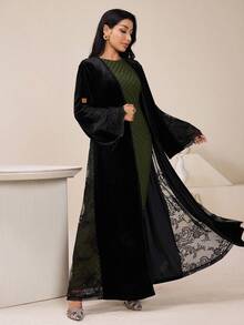 Veilorie Women's Solid Color & Printed Patchwork Abaya, Minimalist Everyday Long Sleeve Abayas Dubai Luxury