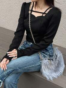 FRIFUL Women's Square Neck Fitted Tie-Wrap Puff Sleeve Ribbed Fabric Long Sleeve T-Shirt, Sweet Layering Piece For Autumn/Winter - Black - View 6