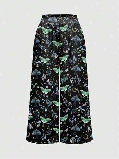 Goth Women's Gothic Dark Mysterious Witch Moth Leaf Plant Butterfly Snake Sun Moon Star Allover Print Loose Wide Leg Pants