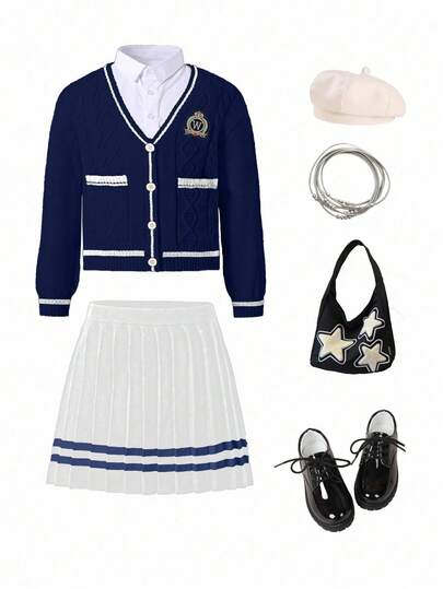 SHEIN Explorewe 秋冬少女学院风JK套装，毛衣开衫+公主百褶裙，毛衣裙，适合上学或户外运动