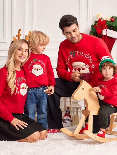 小男孩圣诞老人图案圆领长袖卫衣，休闲亲子装，适合秋冬季圣诞节家庭穿着