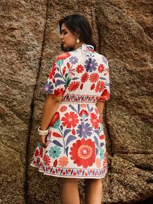 Swim Vcay 大码女式花卉植物印花 V 领性感连衣裙 - 橘色 - 查看 2