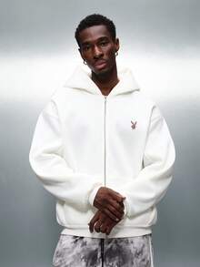 PLAYBOY X SUMWON Crop Fit Oversized Full Zip Hoodie With Drawstring And Centre Pocket For Casual Everyday Wear And Weekend Comfort