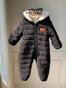 Newborn Baby Boy Unisex Thermal-Lined Hooded Jumpsuit, Thick Winter Snowsuit