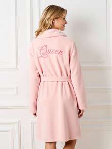 女士绒毛法兰绒长袍，休闲优雅粉色长袖长袍，饰有刺绣英文文字，前后系带，秋冬季舒适家居服，温暖舒适 - 粉色 - 查看 1